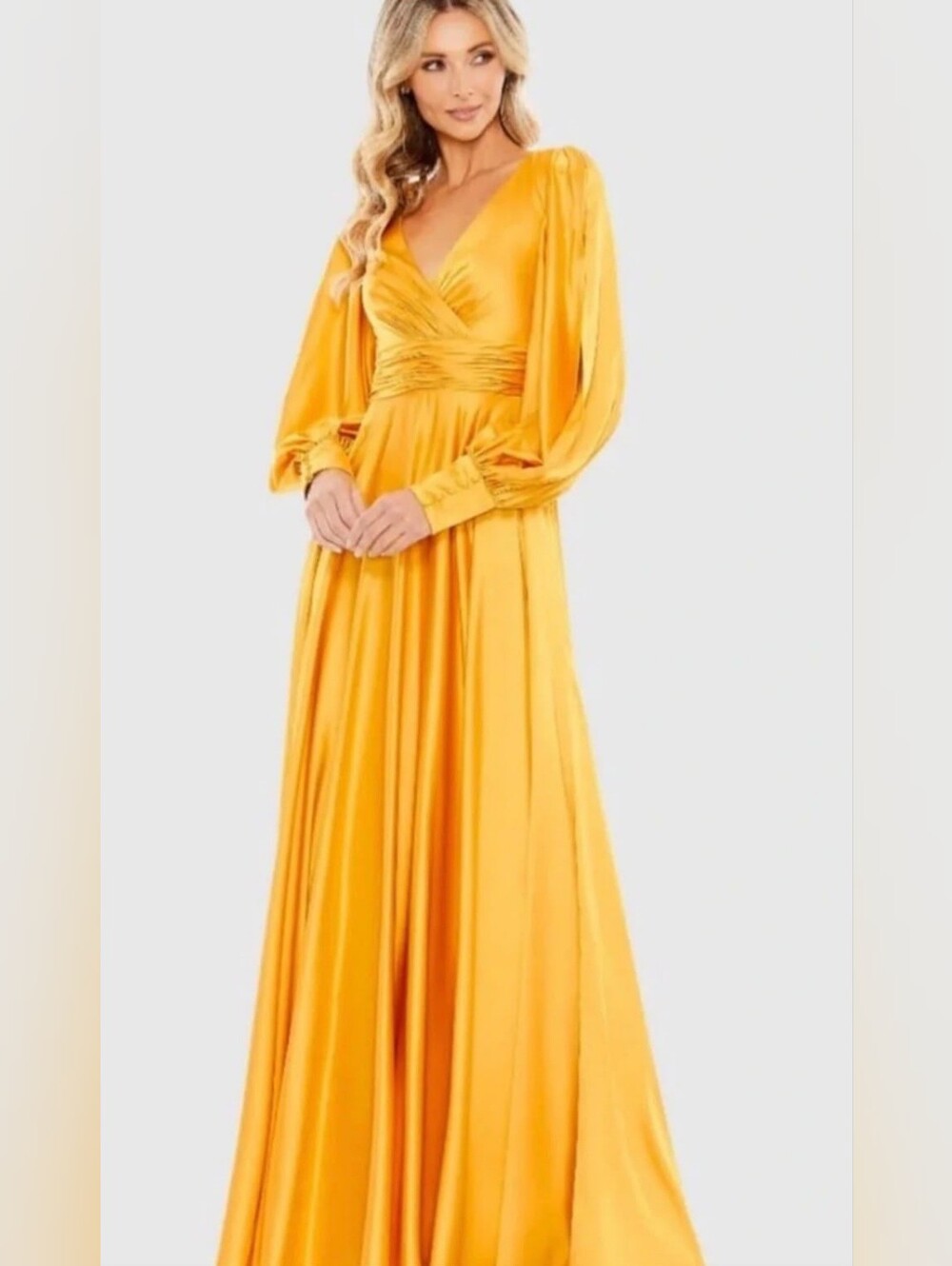 Mac Duggal Marigold Flowy Split Bishop Sleeve Faux Wrap Maxi Gown
